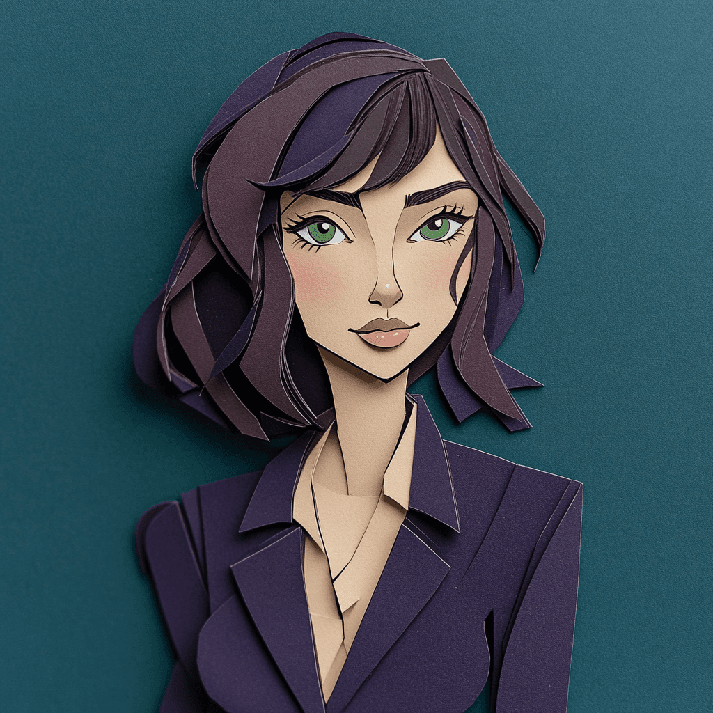 CEO avatar in paper-cut art style showing a woman with dark hair and green eyes wearing a navy blazer